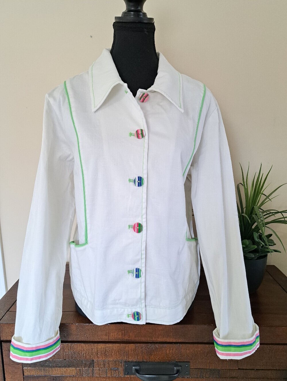SPANNER White Utility Jacket Womens Size 14 Multicolor Trim Classic Colourful